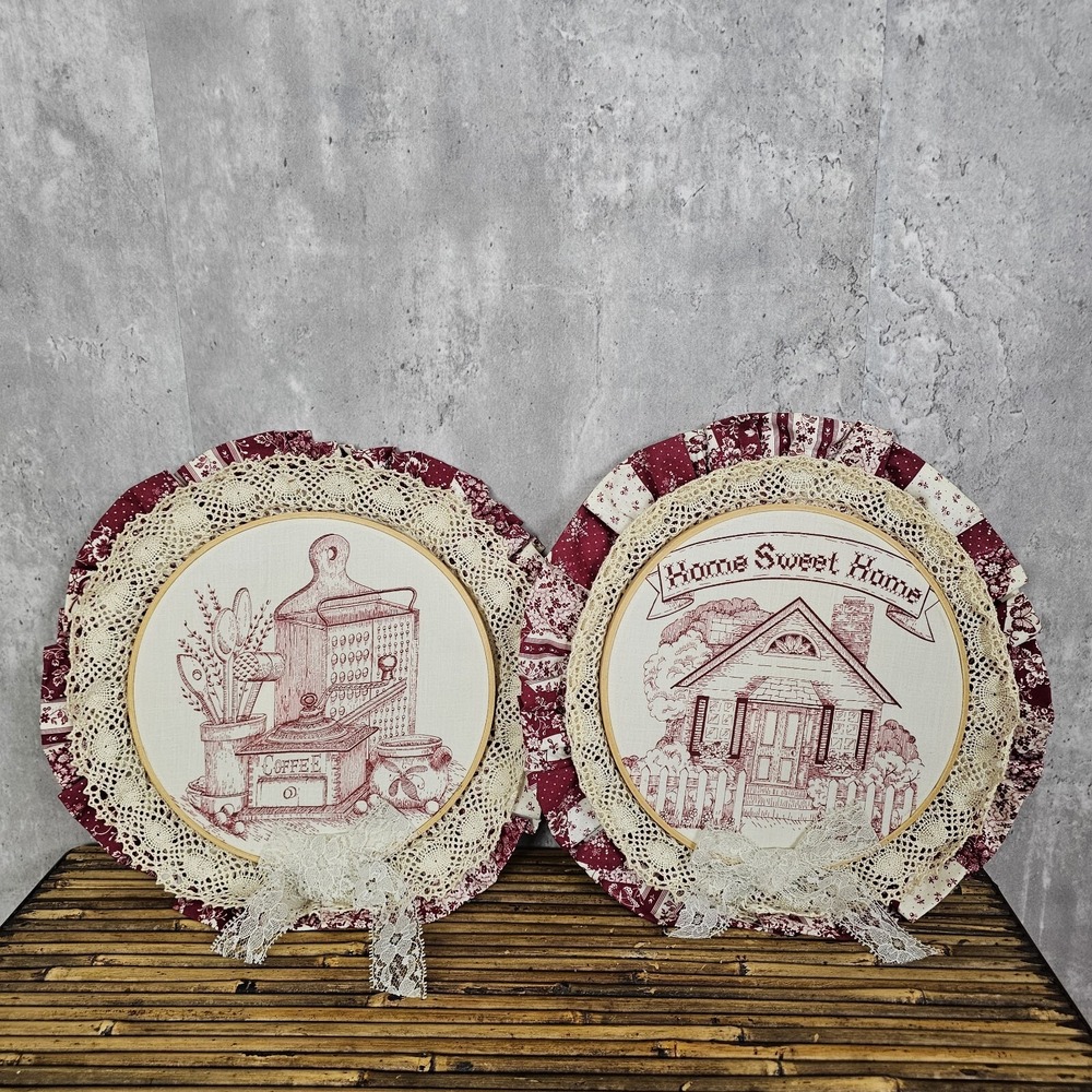 Vintage Needle Art Red Cream Kitschy Home Sweet Home Kitchen Decor Crafter‎ Set